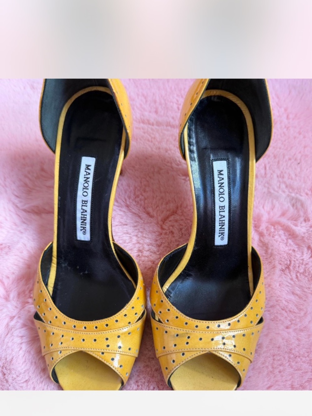 Manolo Blahnik Yellow Peep-Toe D'Orsay Heels with Perforated Detail